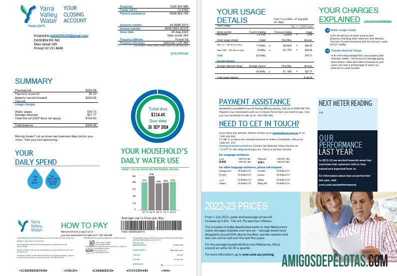 Melbourne Yarra Valley Water Water Business Utility Bill Formatos Word e PDF, 2 páginas exemplo